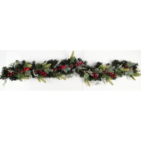 Γιρλάντα Πράσινη με Dusty Leaves, Κόκκινα Berries & Κουκουνάρια, 1,40 m